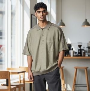 Vittorio Rocchetti Men's L Olive Green  Knit Geometric Button-Up Short Sleeve